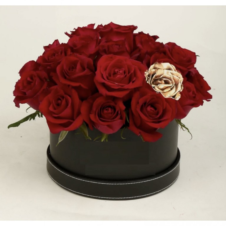 Gold Rose in Red Roses Box
